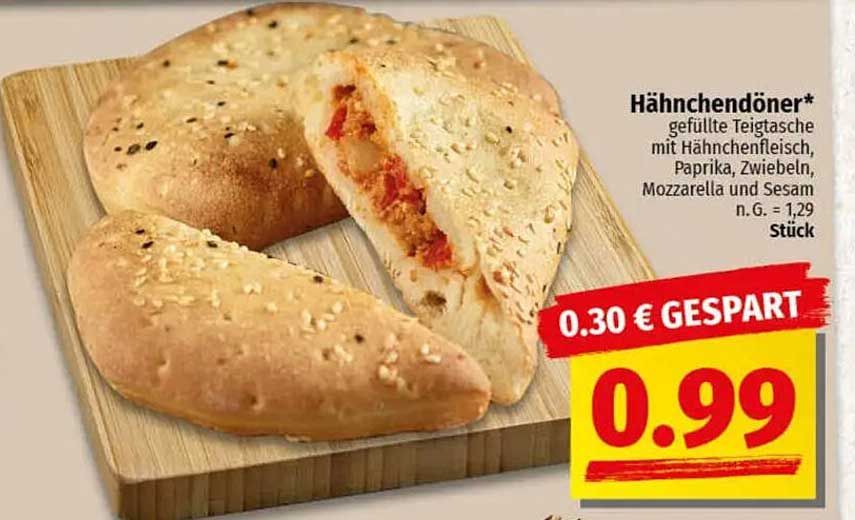 Hähnchendöner* gefüllte Teigtasche mit Hähnchenfleisch, Paprika, Zwiebeln, Mozzarella und Sesam n.G. = 1,29 Stück