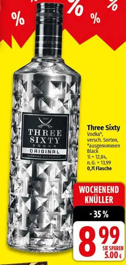 Three Sixty Vodka, 0,7l Flasche, verschiedene Sorten