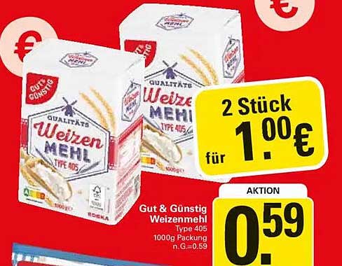 2 Stück Gut & Günstig Weizenmehl Type 405 für 1,00 €