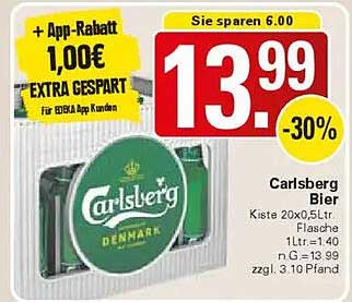 Carlsberg Bier Kiste 20x0,5L -30% Rabatt