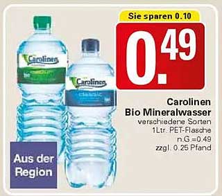 Carolinen Bio Mineralwasser 1l PET-Flasche, verschiedene Sorten