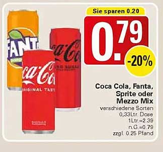 Coca Cola, Fanta, Sprite oder Mezzo Mix 0,33 l Dose