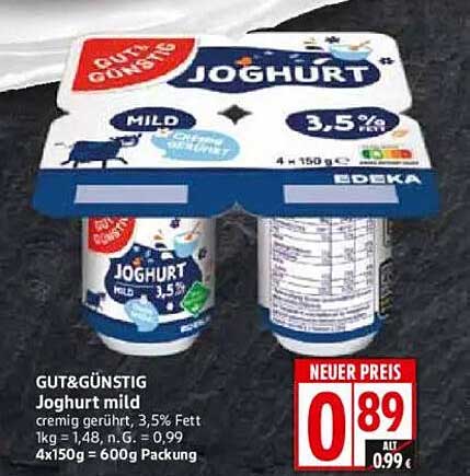 GUT&GÜNSTIG Joghurt mild 3,5% Fett, 4x150g