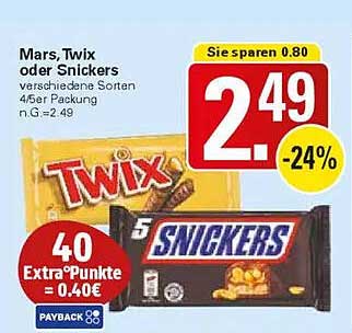 Mars, Twix oder Snickers 4/Packung