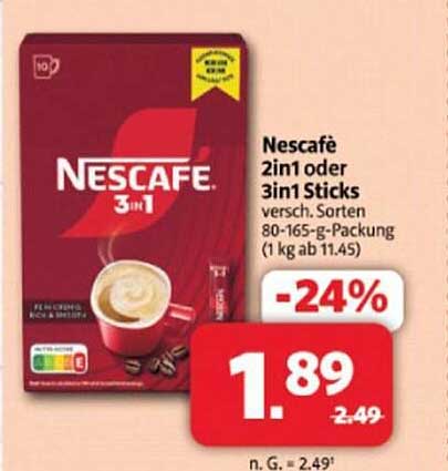Nescafé 2in1 oder 3in1 Sticks - 80-165 g-Packung