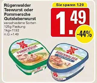 Rügenwalder Teewurst oder Pommersche Gutsleberwurst 125g Packung