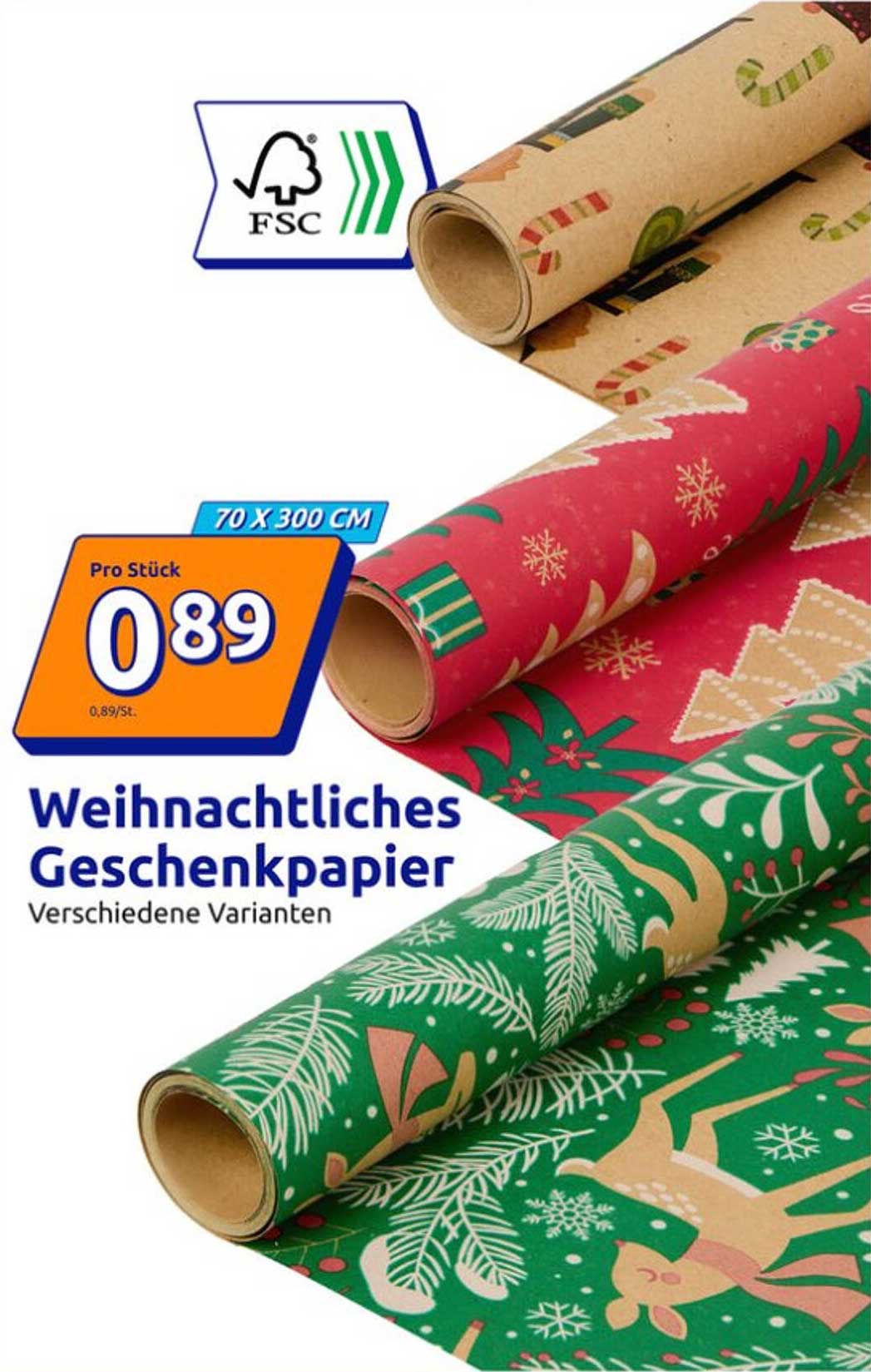 Weihnachtliches Geschenkpapier 70 x 300 cm - Verschiedene Varianten