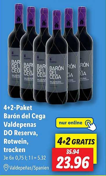 4+2-Paket Barón del Cega Valdepeñas DO Reserva, Rotwein, trocken
