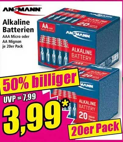 Alkaline Batterien AAA Micro oder AA Mignon je 20er Pack