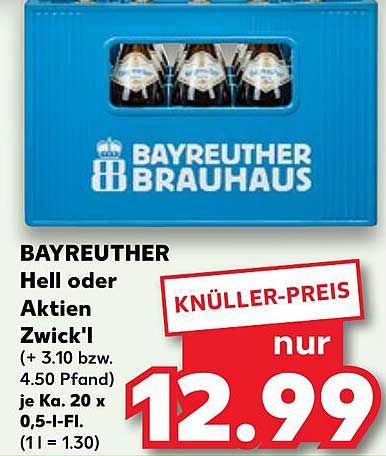 BAYREUTHER Hell oder Aktien Zwick'l – Kästen mit 20 x 0,5 l (1 l = 1,30)