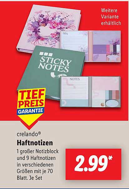 crelando® Haftnotizen Set - 1 großer Notizblock und 9 Haftnotizen