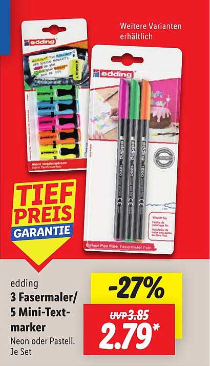 edding 3 Fasermaler / 5 Mini-Textmarker - Neon oder Pastell