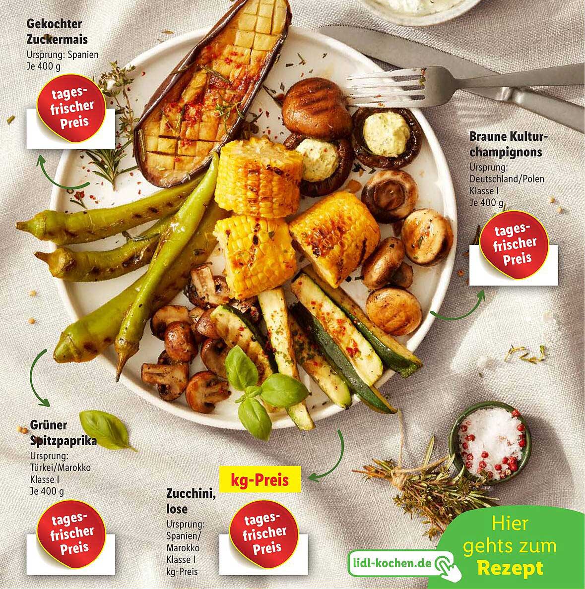 Gekochter Zuckermais, Braune Kulturchampignons, Grüner Spitzpaprika und Zucchini, lose je 400 g