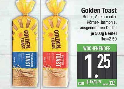 Golden Toast - Butter, Vollkorn oder Körner-Harmonie, 500g Beutel