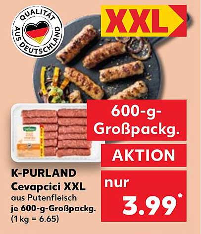K-PURLAND Cevapcici XXL aus Putenfleisch 600-g-Großpackung