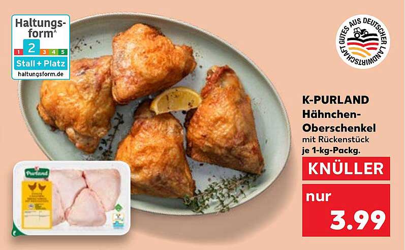K-PURLAND Hähnchen-Oberschenkel mit Rückenstück je 1-kg-Pack.