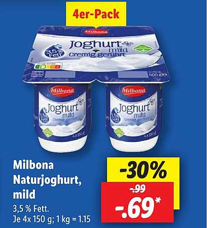 Milbona Naturjoghurt, mild - 4er-Pack