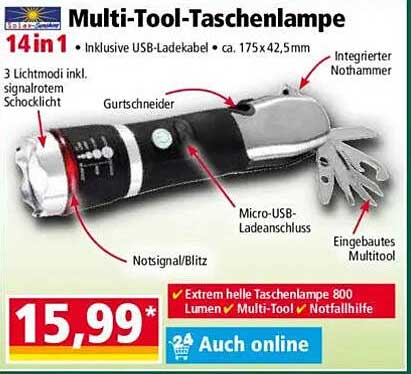 Multi-Tool-Taschenlampe 14in1 inkl. USB-Ladekabel