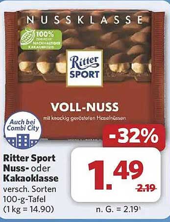 Ritter Sport Nuss- oder Kakaoklasse Voll-Nuss 100-g-Tafel