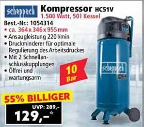 Scheppach Kompressor HCS1V 1.500 Watt, 50l Kessel