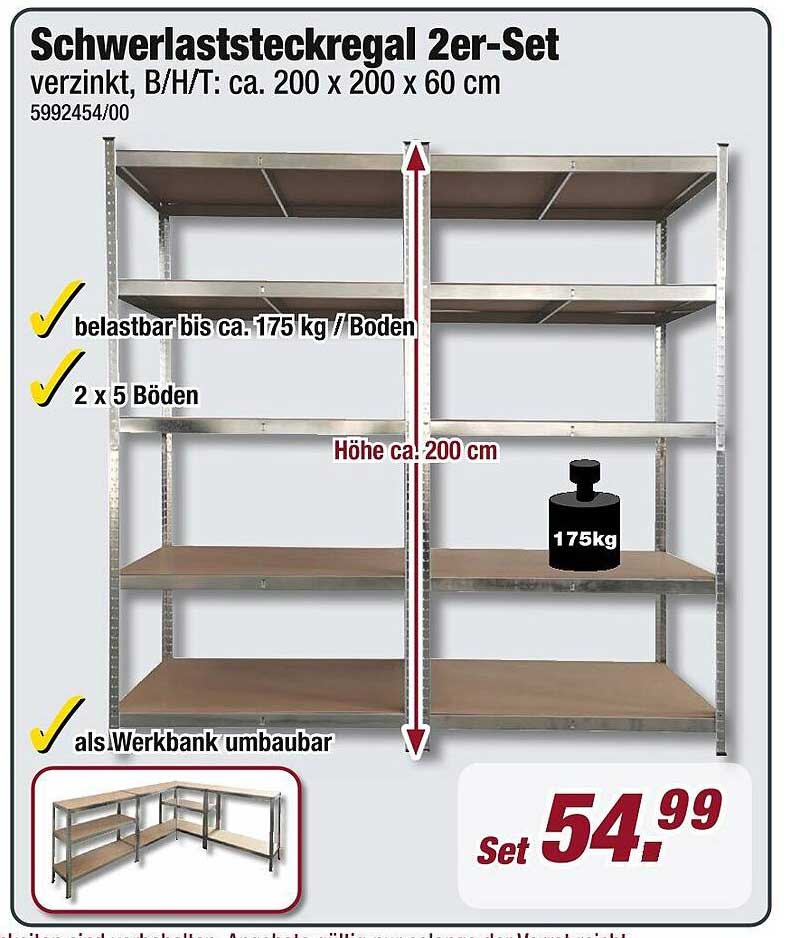 Schwerlaststeckregal 2er-Set verzinkt, B/H/T: ca. 200 x 200 x 60 cm