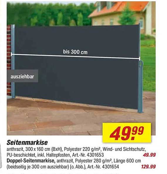 Seitenmarkise anthrazit, 300 x 160 cm (BxH)