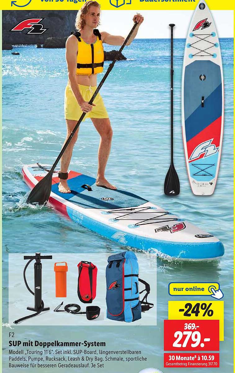 SUP mit Doppelkammer-System Modell, Touring 11'6". Set inkl. SUP-Board, längenverstellbaren Paddels, Pumpe, Rucksack, Leash & Dry Bag. Schmale, sportliche Bauweise für besseren Geradeauslauf. Je Set.