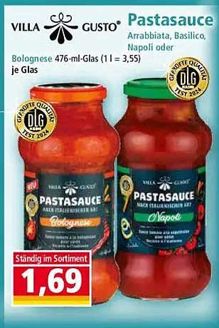VILLA GUSTO Pastasauce Arrabbiata, Basilico oder Napoli - 476 ml Glas