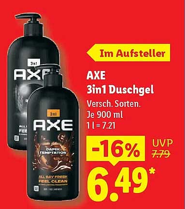 AXE 3in1 Duschgel Versch. Sorten. Je 900 ml 1 l = 7.21