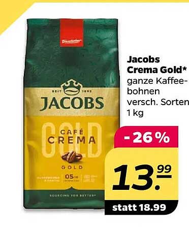 Jacobs Crema Gold* ganze Kaffeebohnen versch. Sorten 1 kg