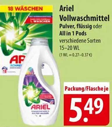 Ariel Vollwaschmittel Pulver, flüssig oder All in 1 Pods verschiedene Sorten 15–20 WL