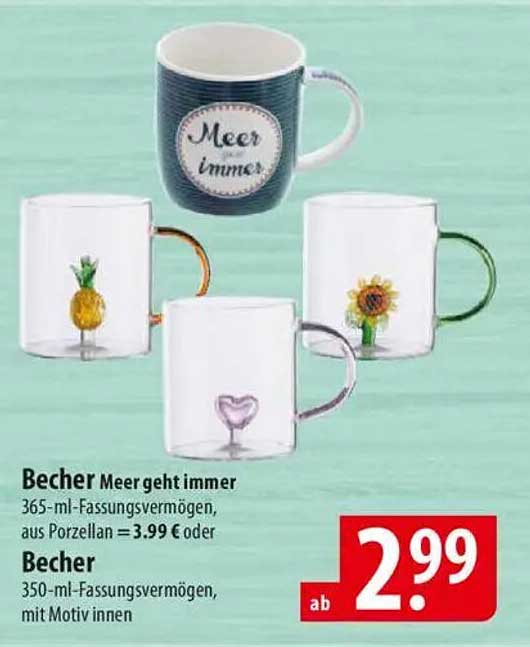 Becher Meer geht immer - 365-ml-Fassungsvermögen aus Porzellan für 3,99 € oder Becher mit Motiv innen - 350-ml-Fassungsvermögen ab 2,99 €