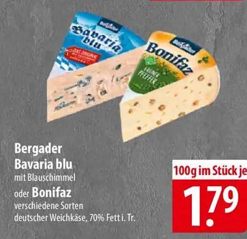 Bergader Bavaria blu mit Blauschimmel oder Bonifaz verschiedene Sorten deutscher Weichkäse, 70% Fett i. Tr.