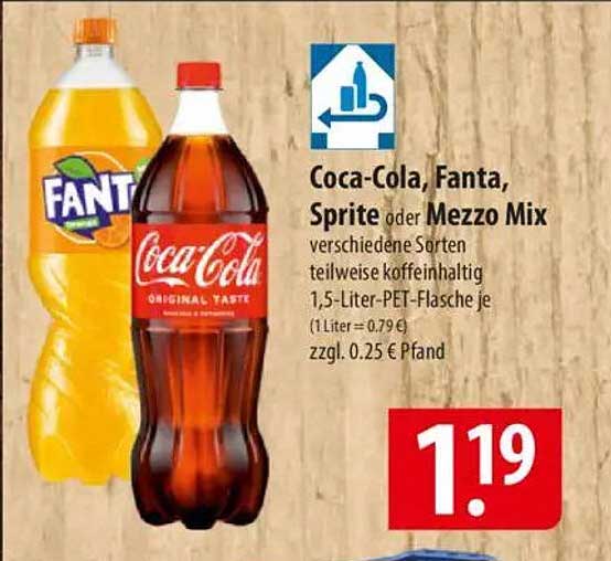 Coca-Cola, Fanta, Sprite oder Mezzo Mix 1,5-Liter-PET-Flasche für nur 1,19 €