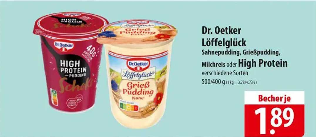 Dr. Oetker Löffelglück Sahnepudding, Grießpudding, Milchreis oder High Protein 500/400 g