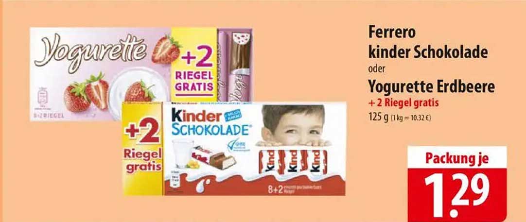 Ferrero Kinder Schokolade oder Yogurette Erdbeere + 2 Riegel gratis
