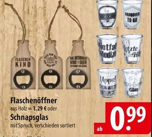 Flaschenöffner aus Holz oder Schnapsglas mit Spruch