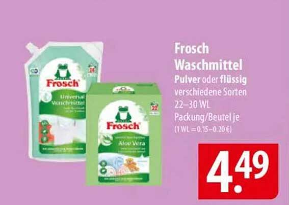 Frosch Waschmittel Pulver oder flüssig verschiedene Sorten 22–30 WL Packung/Beutel je