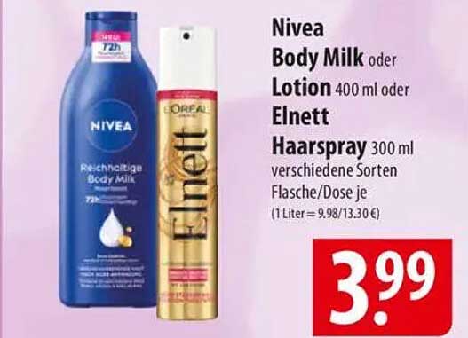 Nivea Body Milk oder Lotion 400 ml oder Elnett Haarspray 300 ml