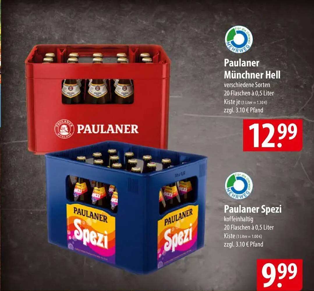 Paulaner Münchner Hell und Paulaner Spezi im Kasten