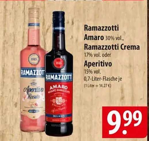 Ramazzotti Amaro 30% vol. oder Ramazzotti Crema 17% vol. – 0,7-Liter-Flasche je