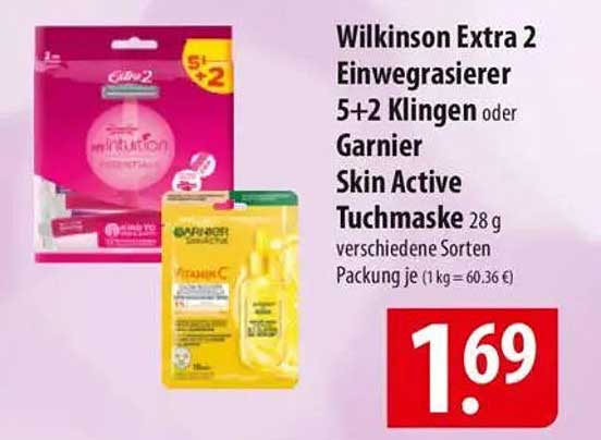 Wilkinson Extra 2 Einwegrasierer 5+2 Klingen oder Garnier Skin Active Tuchmaske 28 g