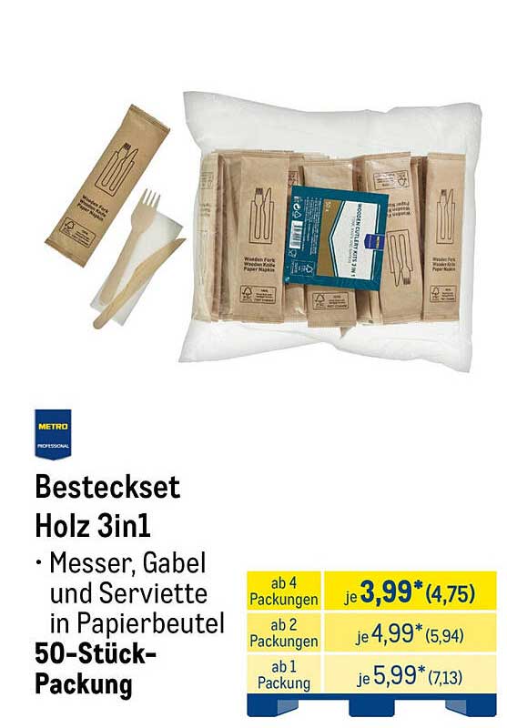 Besteckset Holz 3in1 · Messer, Gabel und Serviette in Papierbeutel 50-Stück-Packung