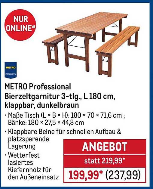 METRO Professional Bierzeltgarnitur 3-tlg., L 180 cm, klappbar, dunkelbraun