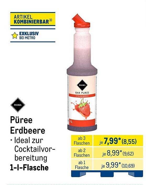 Püree Erdbeere · Ideal zur Cocktailvor- bereitung 1-l-Flasche