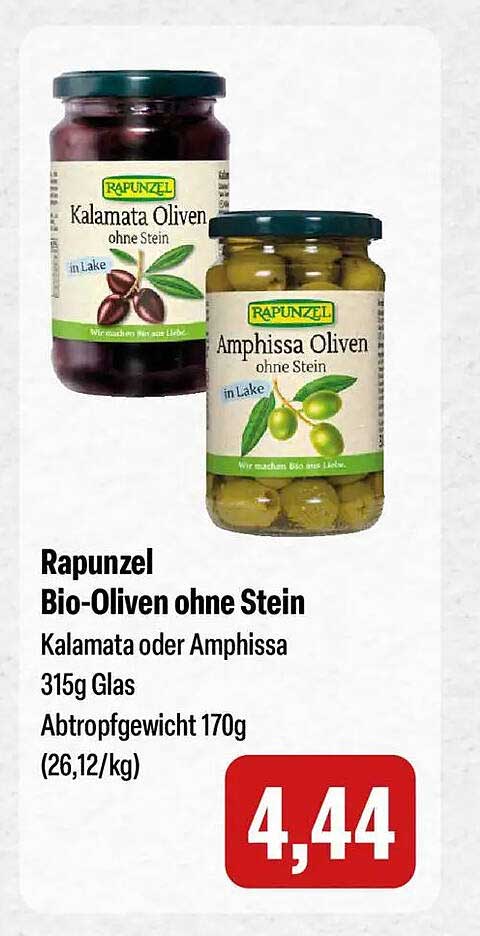 Rapunzel Bio-Oliven ohne Stein Kalamata oder Amphissa 315g Glas Abtropfgewicht 170g (26,12/kg)