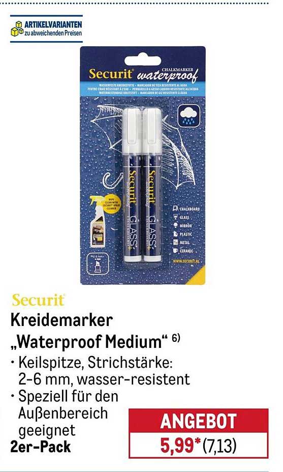 Securit Kreidemarker „Waterproof Medium“ 6) · Keilspitze, Strichstärke: 2–6 mm, wasser-resistent · Speziell für den Außenbereich geeignet · 2er-Pack