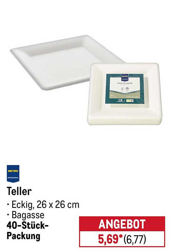 Teller • Eckig, 26 x 26 cm • Bagasse • 40-Stück-Packung