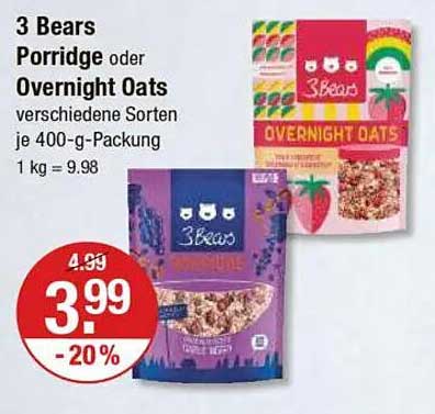 3 Bears Porridge oder Overnight Oats verschiedene Sorten je 400-g-Packung