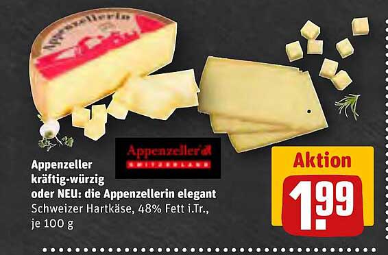 Appenzeller kräftig-würzig oder NEU: die Appenzellerin elegant, Schweizer Hartkäse, 48% Fett i.Tr., je 100 g